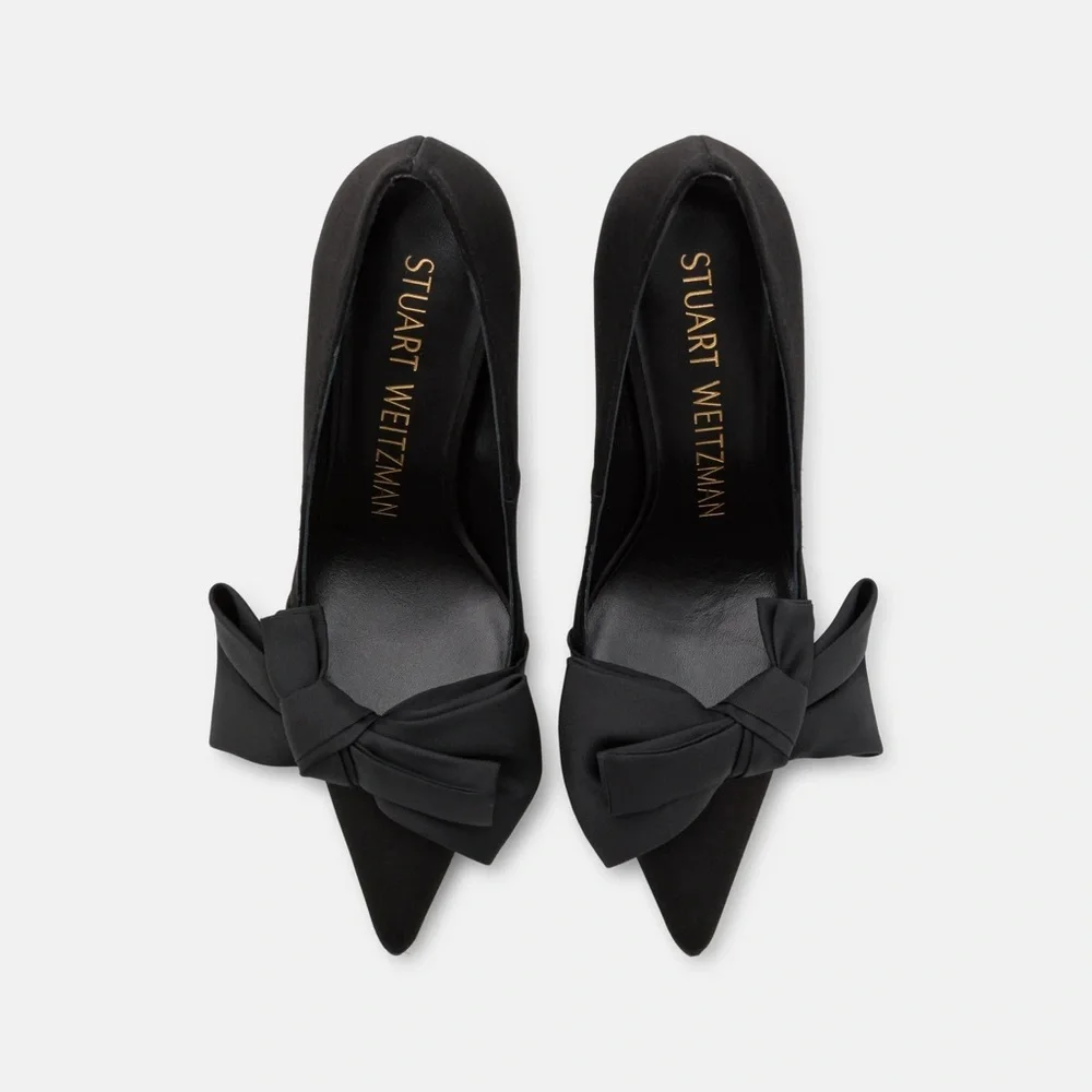 NEW Stuart Weitzman Loveknot Black Satin Bow Heels - Picture 10 of 14